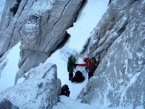Gearing up for the headwall on Winter Route