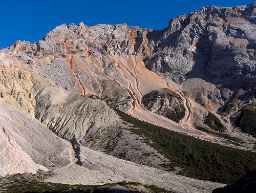 The steep walls of the Fanes Dolomites