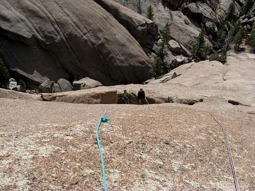 Looking down at the belay
