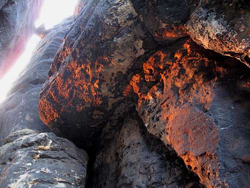 Intense sunset glow on the sandstone rocks on Pfaffenstein