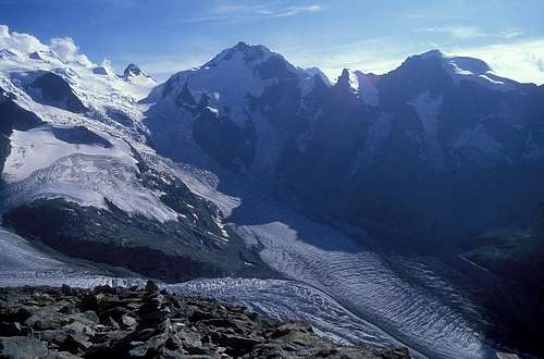 Morteratsch glacier with the confluence of Pers glacier