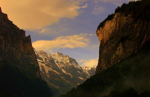 Grosshorn from Lauterbrunnen valley during the first sunrays touch the rocks