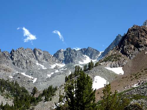 Looking up at Twin Peaks from the Horse Creek Trail