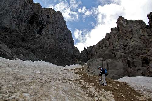 Crossing the snow gully