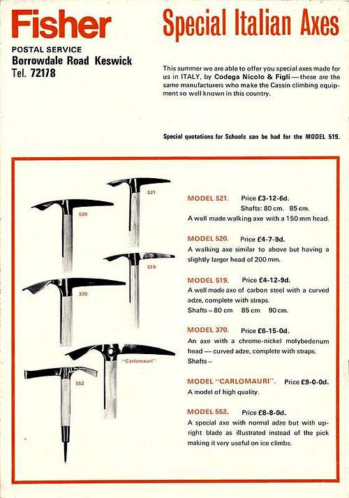 Advertisement for Fisher Italian Ice Axes