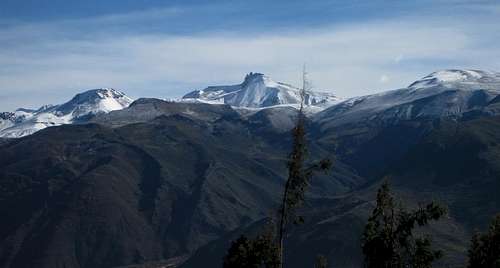 Panorama of the snow capped mountains north of Rio Colca
