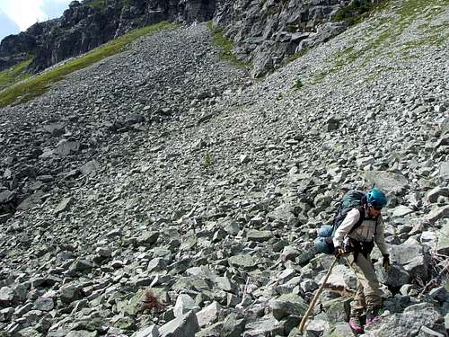 Traversing several kilometers of boulders.