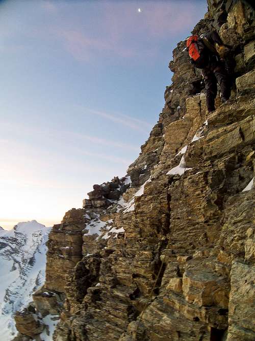 Jaime leading at lower Hörnli Ridge. This was probably off-route.