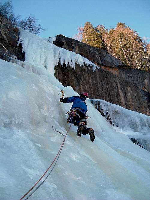 Climbing Multistratum Slab Ice Fall, Val Daone