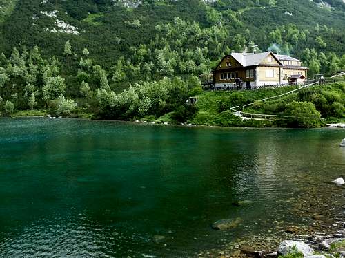 Chata Pri Zelenom Pleso from the opposite lake shore