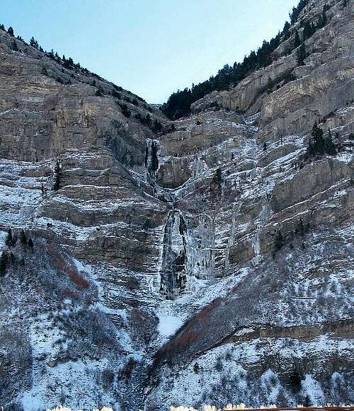 A frozen Bridal Veil Falls,...