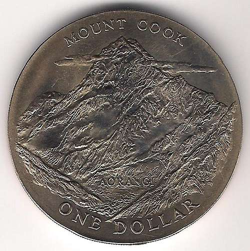 Aoraki/Mt. Cook on $1 coin (New Zealand)