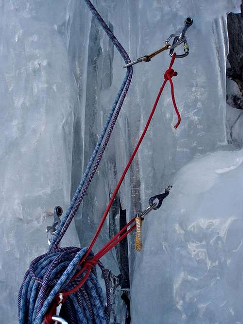 Ice climbing - ice screw belay Cascade de Brucholey