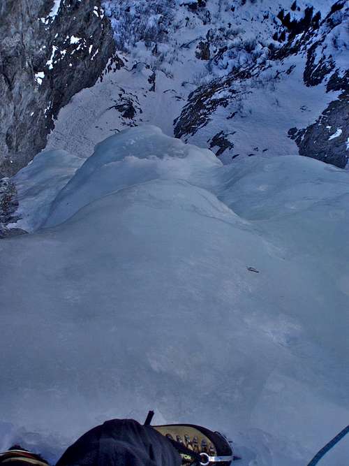 Ice climbing - View from the hanging belay on Cascade de Bonatchiesse