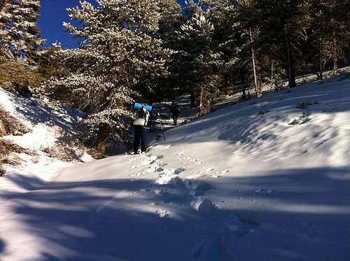 Postholing on the final slope up to the Dollar Lake Saddle in the San Gorgonio Mts