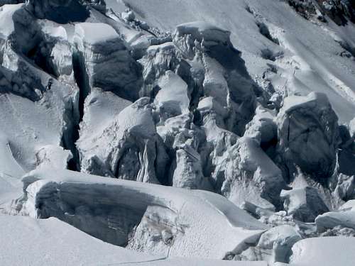 Wild ice on the glacier east and below Tocllaraju high camp