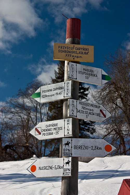 Trail signpost at Przyslup Carynski