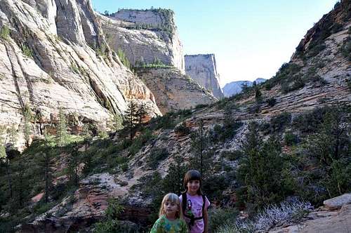 Yunona and Alice hiking down from Deartrap Mountain in Zion, Spring 2010