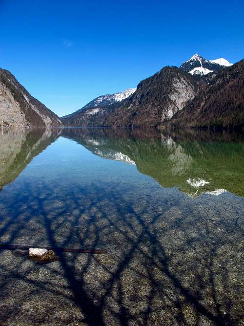 Reflections and shadows in the water of the Königssee lake