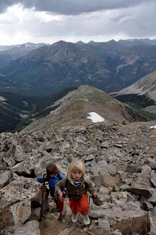 5 and 7 year old girls hiking La Plata, Colorado,14336 ft