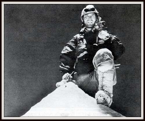 Jean Couzy on the sharp summit of Makalu in 1955