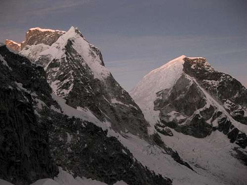 The first light of the day hitting the twin summits of Huascarán
