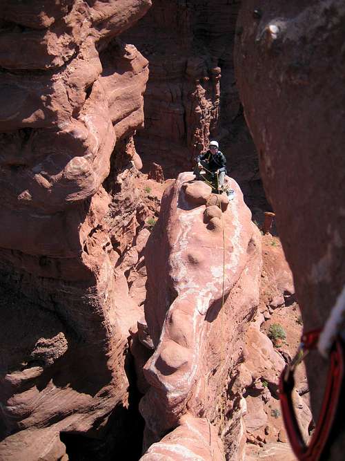 Looking back at the belay station on the 4th pitch