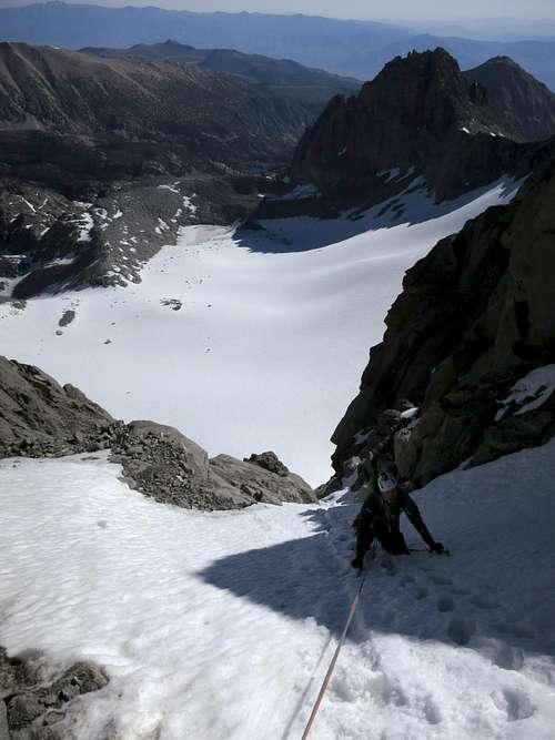 Above the crux pitch in the Clyde Couloir