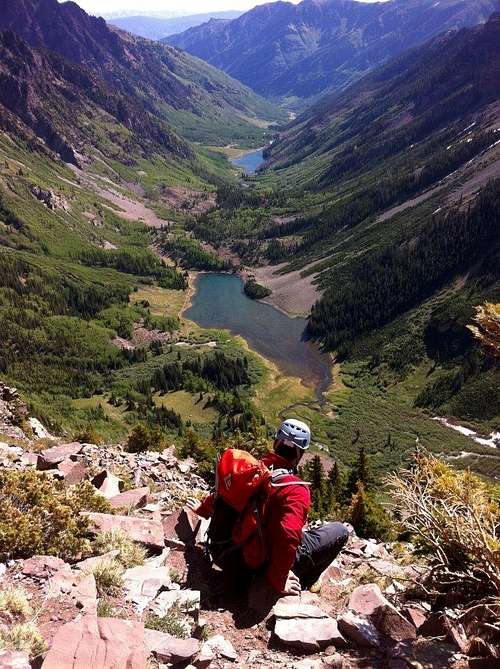 Brian down-climbing with a view. North Maroon Peak, CO
