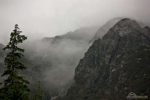 Misty cliffs of Giewont massif