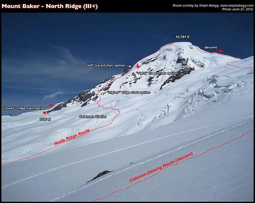 North RIdge of Mount Baker, route overlay
