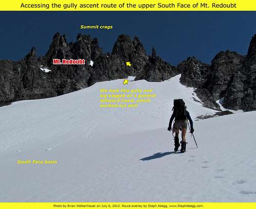 Accessing the gully ascent route on the upper south face of Mt. Redoubt