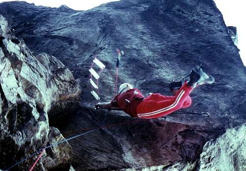 The flight under the Chenaux's great cliff/roof of 40 metres 1978