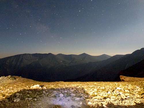 Night view of the following peaks from left to right:Pagos,Kalogeros,Fragkou Alwni,Metamorfwsi,Kakavrakas.