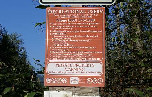 Sign on access road for Olo Mountain, Blue Mountain, and Wheeler Mountain