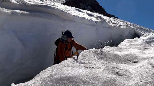 Climbing out of a crevasse on Bolam Glacier, Mt Shasta