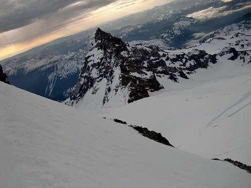 The most exposed part of the Dissapointment Cleaver route on Mount Rainier-Little Tahoma Peak in the background