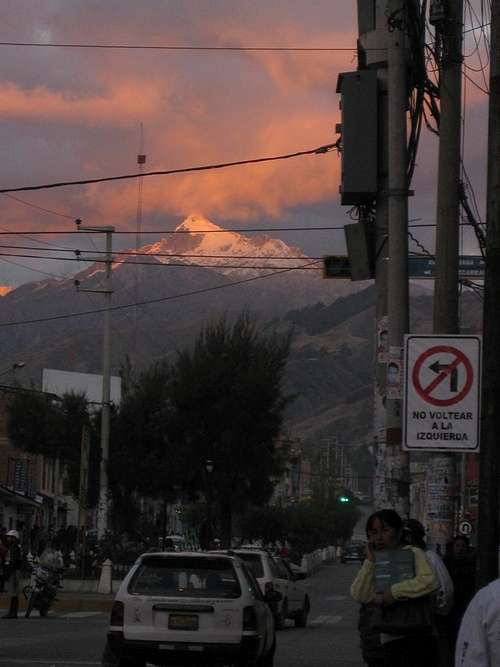 Alpenglow over the Cordillera Blanca from Huaraz