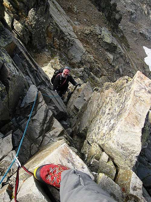 Looking down on Mark from above the crux