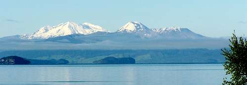 Mt. Ruapehu, Ngauruhoe and Tongariro from across Lake Taupo
