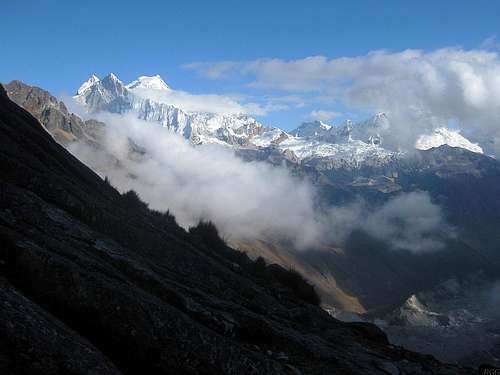 Huandoy and cloud covered Pisco from Chopicalqui moraine camp