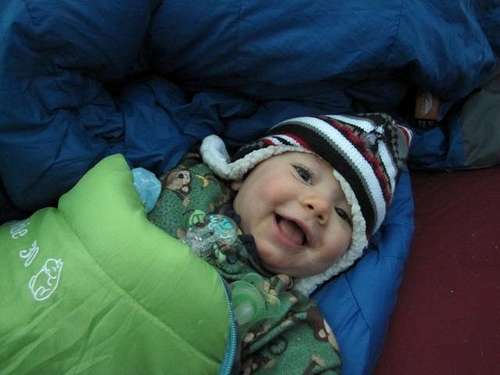 Waking up in his sleeping bag