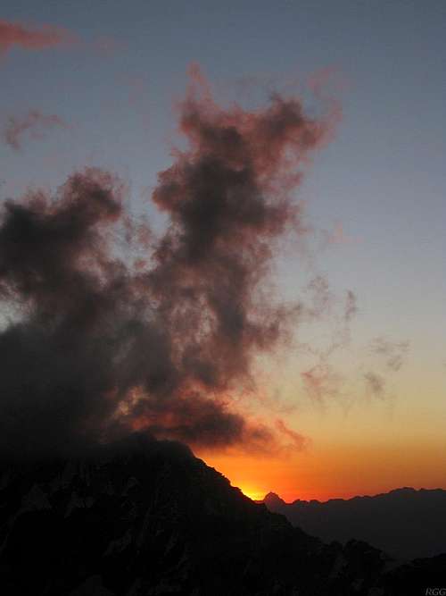 Sunset behind Huascarán Norte from Chopicalqui high camp