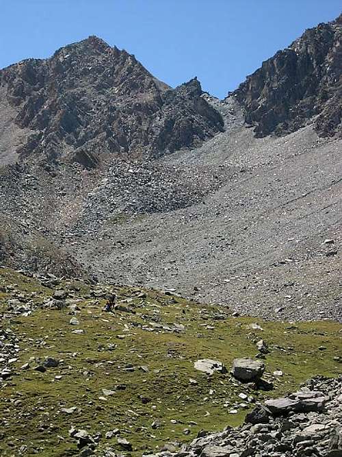  Punta del Tuf<i> 3393m</i> (on the left)<br> and the high pass of Col Lauson<i> 3296m</i>