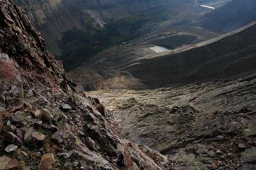Looking down the access gully and ramp on Arrow Peak