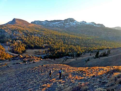Hikers descending to Carson Pass from Red Lake Peak