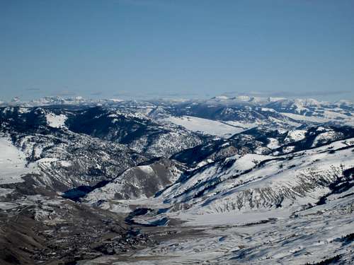 The town of Gardiner, Montana, with the Absaroka range in the background. Seen from the north flank of Electric Peak