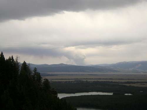 Wildfire visible from the CMC route of Mount Moran, Teton Range
