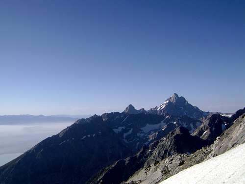 Teewinot and the Grand Teton seen from halfway up the CMC route of Mount Moran