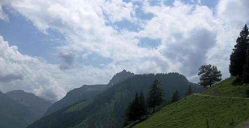 Panoramic view of Schönberg (2104m), Drei Schwestern (2052m) and Frastanzer Sand (1647m)